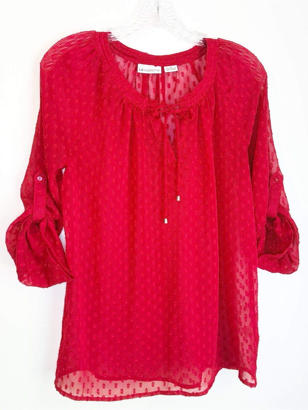Liz Claiborne Bright Red Swiss Dot Tie-Neck Tunic